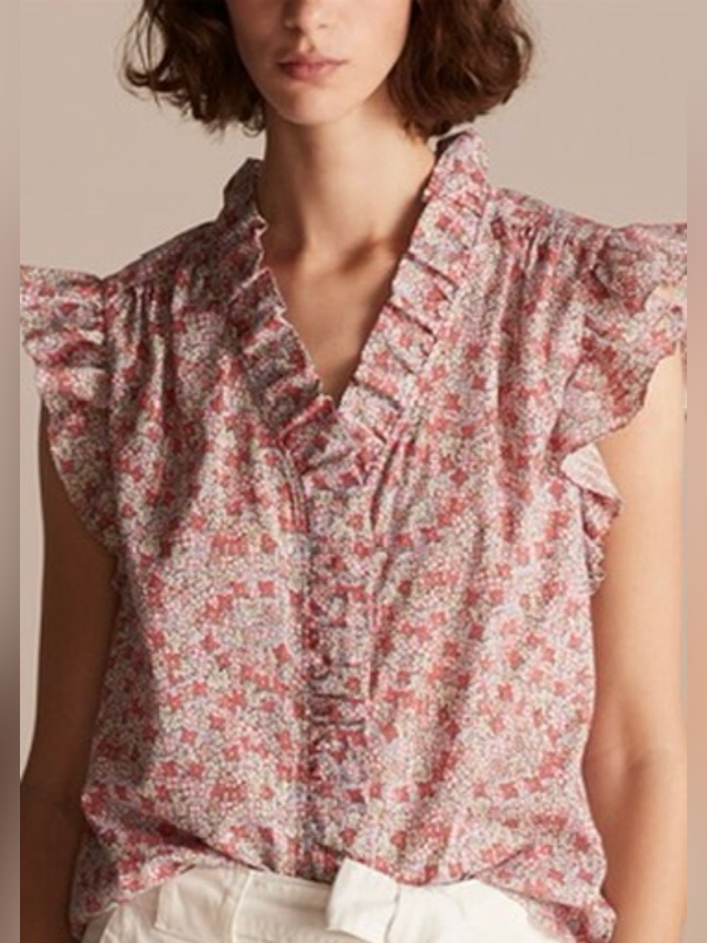 Rebecca Taylor La Vie Red and White Floral Ruffle Button-Front Blouse